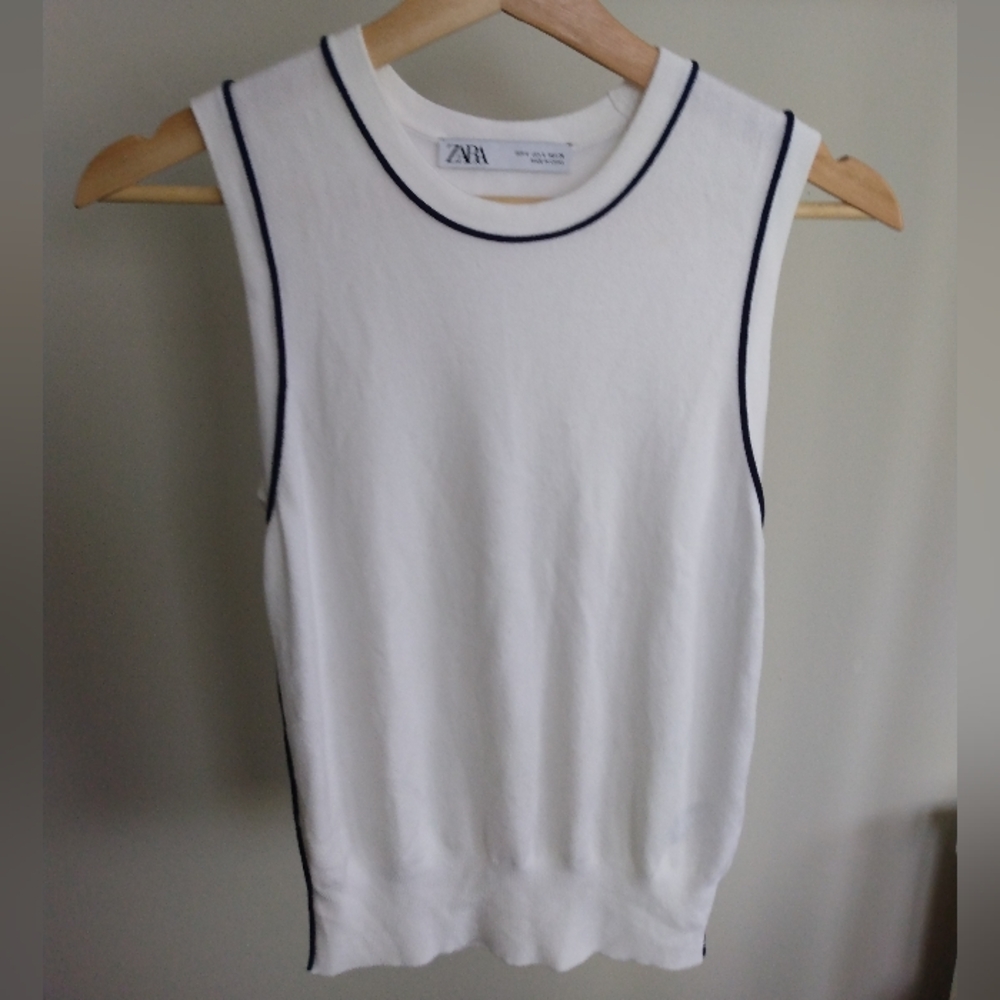 Zara White Sleeveless Knit with contrasting blue details size Small - Picture 6 of 6
